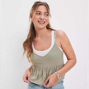 AE Olive Green Flower Strap Babydoll Cami Large